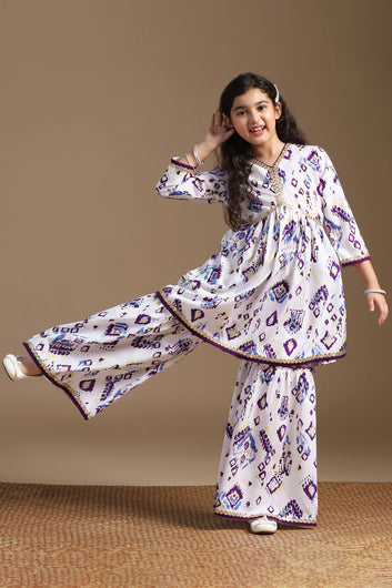 Girls White Cotton Blend Ajrakh Printed Empire Waist Kurta With Sharara Set