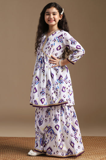 Girls White Cotton Blend Ajrakh Printed Empire Waist Kurta With Sharara Set