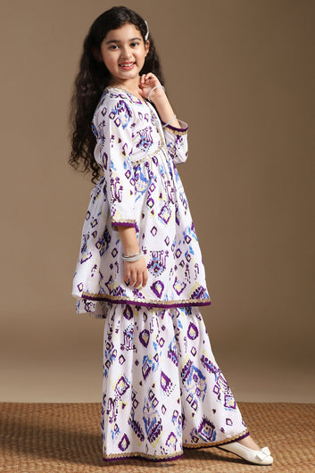 Girls White Cotton Blend Ajrakh Printed Empire Waist Kurta With Sharara Set