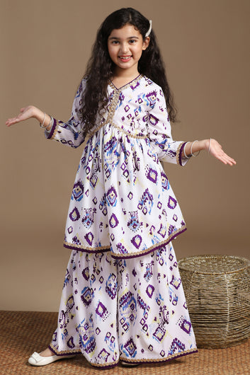 Girls White Cotton Blend Ajrakh Printed Empire Waist Kurta With Sharara Set