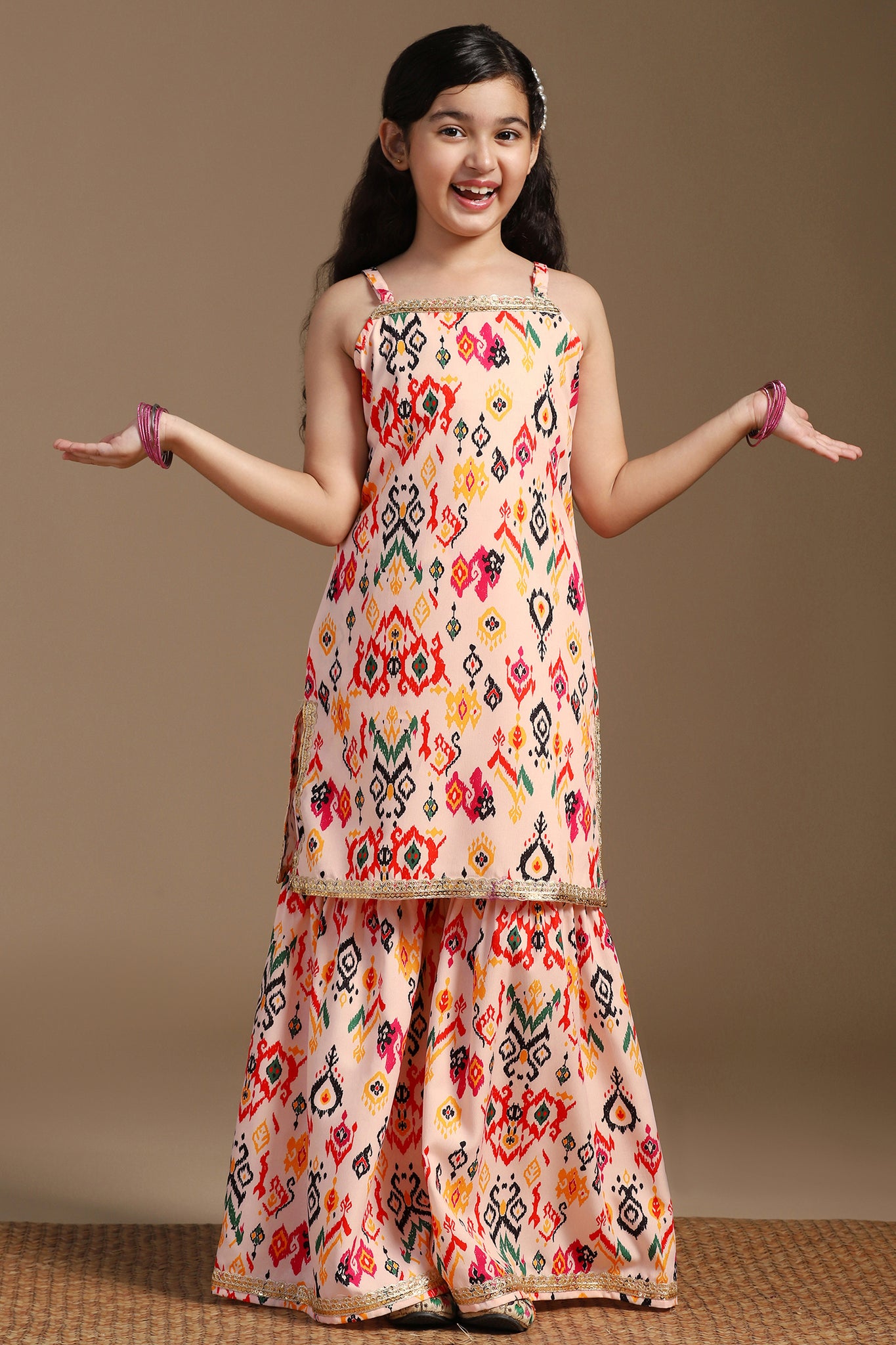 Girls Beige Cotton Blend Abstract Printed Straight Kurta With Sharara Set