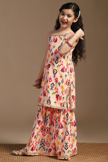 Girls Beige Cotton Blend Abstract Printed Straight Kurta With Sharara Set