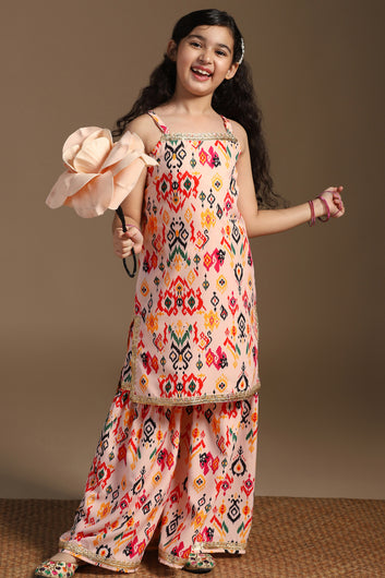 Girls Beige Cotton Blend Abstract Printed Straight Kurta With Sharara Set