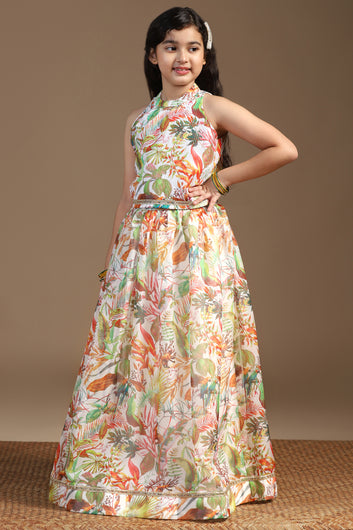 Girls Multicolor Crepe Silk Printed Lehenga Choli Set