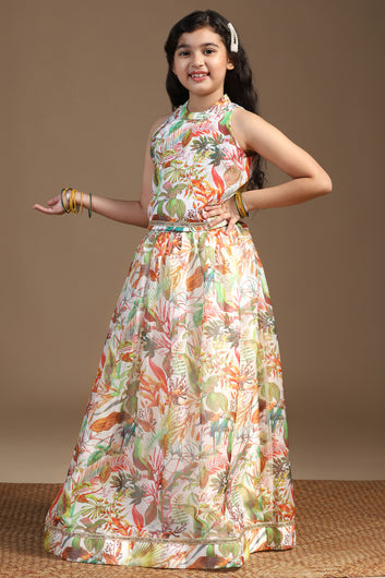 Girls Multicolor Crepe Silk Printed Lehenga Choli Set