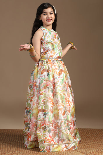 Girls Multicolor Crepe Silk Printed Lehenga Choli Set