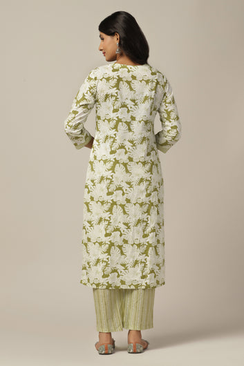 Womens Pista Cotton All-Over Printed Calf Length Kurta With Pant Set