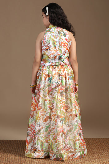 Girls Multicolor Crepe Silk Printed Lehenga Choli Set