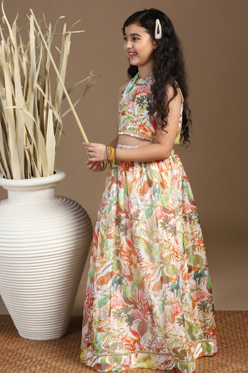 Girls Multicolor Crepe Silk Printed Lehenga Choli Set