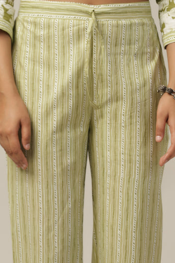 Womens Pista Cotton All-Over Printed Calf Length Kurta With Pant Set