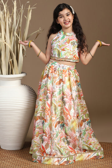 Girls Multicolor Crepe Silk Printed Lehenga Choli Set