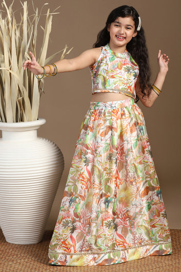 Girls Multicolor Crepe Silk Printed Lehenga Choli Set
