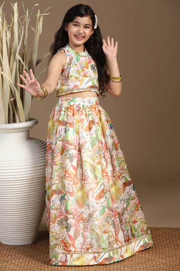 Girls Multicolor Crepe Silk Printed Lehenga Choli Set