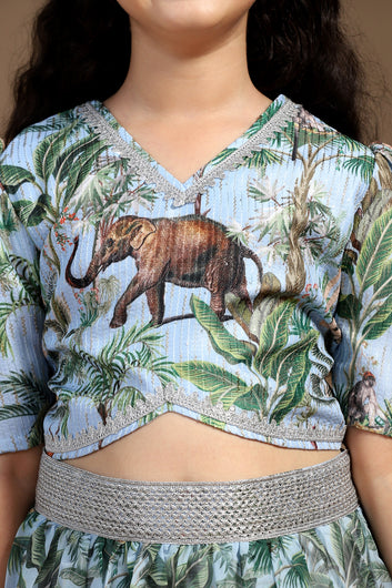 Girls Light Blue Crepe Silk Animal Printed Lehenga Choli