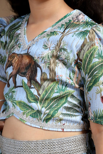 Girls Light Blue Crepe Silk Animal Printed Lehenga Choli