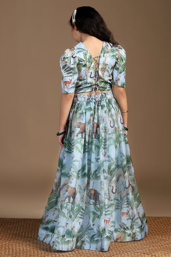 Girls Light Blue Crepe Silk Animal Printed Lehenga Choli