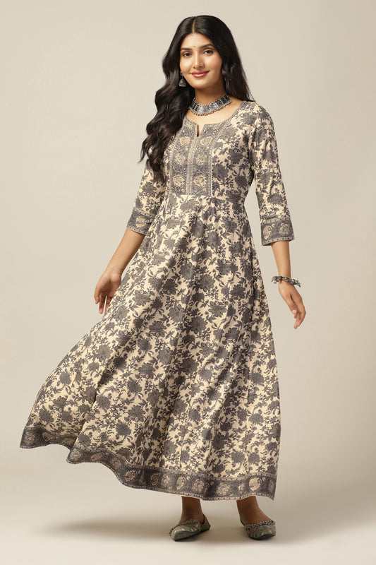 Womens Beige Cotton Floral Printed Anarkali Maxi Length Kurta