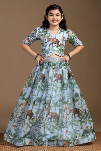 Girls Light Blue Crepe Silk Animal Printed Lehenga Choli