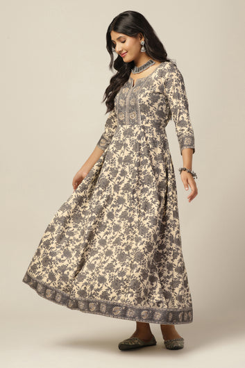 Womens Beige Cotton Floral Printed Anarkali Maxi Length Kurta