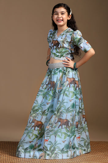 Girls Light Blue Crepe Silk Animal Printed Lehenga Choli