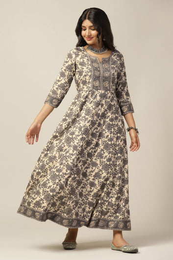 Womens Beige Cotton Floral Printed Anarkali Maxi Length Kurta