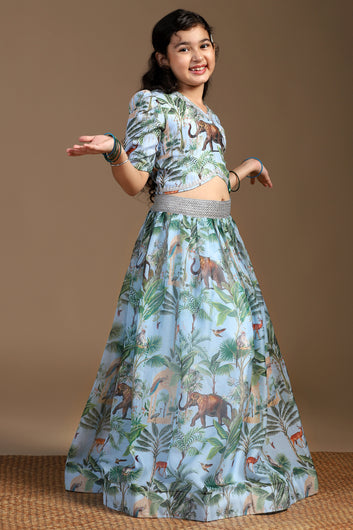 Girls Light Blue Crepe Silk Animal Printed Lehenga Choli