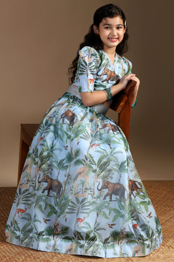 Girls Light Blue Crepe Silk Animal Printed Lehenga Choli