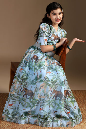 Girls Light Blue Crepe Silk Animal Printed Lehenga Choli