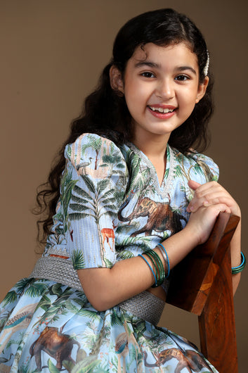 Girls Light Blue Crepe Silk Animal Printed Lehenga Choli