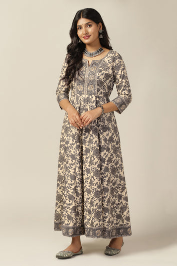 Womens Beige Cotton Floral Printed Anarkali Maxi Length Kurta