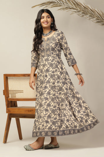 Womens Beige Cotton Floral Printed Anarkali Maxi Length Kurta