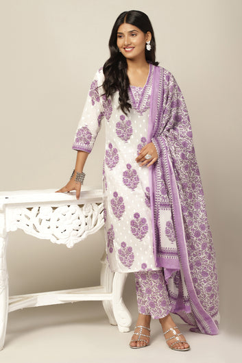 Womens White Cotton All-Over Printed Calf Length Kurta And Pant With Dupatta Set