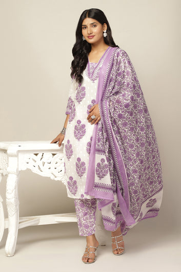 Womens White Cotton All-Over Printed Calf Length Kurta And Pant With Dupatta Set