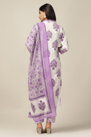 Womens White Cotton All-Over Printed Calf Length Kurta And Pant With Dupatta Set