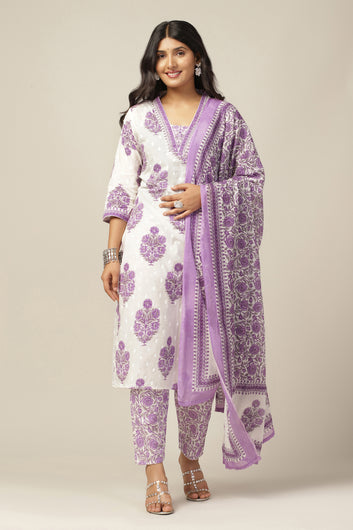 Womens White Cotton All-Over Printed Calf Length Kurta And Pant With Dupatta Set