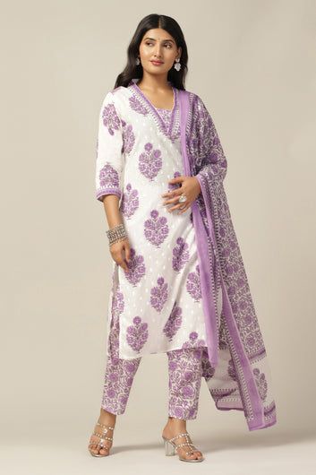 Womens White Cotton All-Over Printed Calf Length Kurta And Pant With Dupatta Set