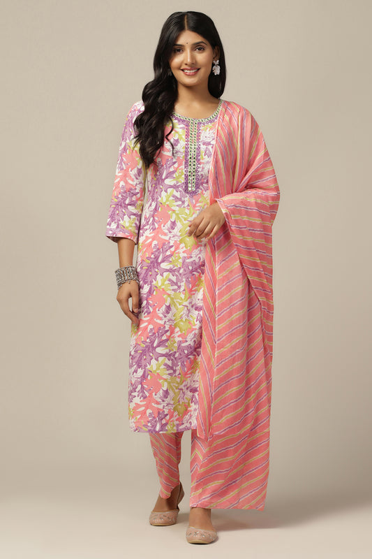 Womens Multicolor Cotton Blend Floral Printed Calf Length Kurta And Trouser With Dupatta Set