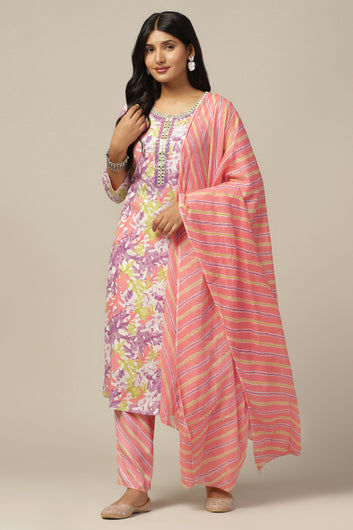 Womens Multicolor Cotton Blend Floral Printed Calf Length Kurta And Trouser With Dupatta Set