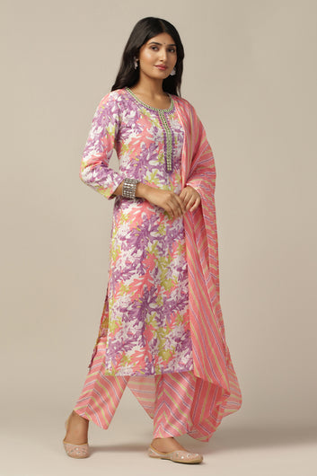 Womens Multicolor Cotton Blend Floral Printed Calf Length Kurta And Trouser With Dupatta Set