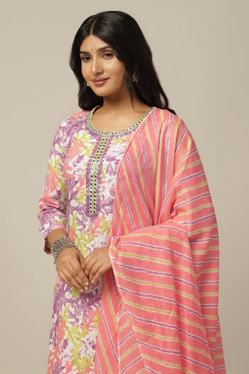 Womens Multicolor Cotton Blend Floral Printed Calf Length Kurta And Trouser With Dupatta Set