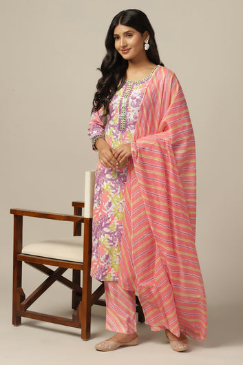 Womens Multicolor Cotton Blend Floral Printed Calf Length Kurta And Trouser With Dupatta Set