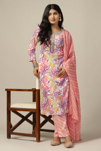 Womens Multicolor Cotton Blend Floral Printed Calf Length Kurta And Trouser With Dupatta Set