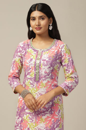 Womens Multicolor Cotton Blend Floral Printed Calf Length Kurta And Trouser With Dupatta Set