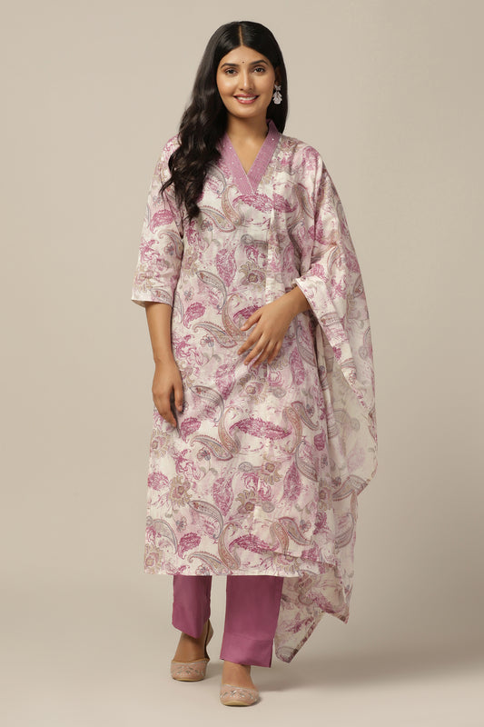 Womens Mauve Cotton All-Over Printed Calf Length Kurta And Pant With Dupatta Set