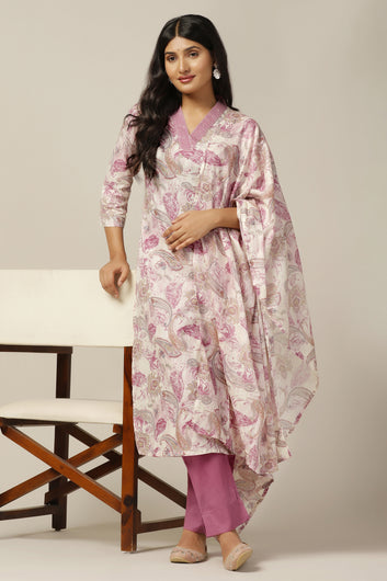 Womens Mauve Cotton All-Over Printed Calf Length Kurta And Pant With Dupatta Set