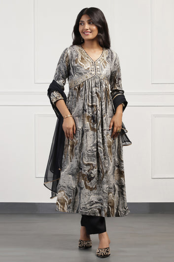 Womens Black Cotton Abstract Printed Calf Length Kurta And Pant With Dupatta Set