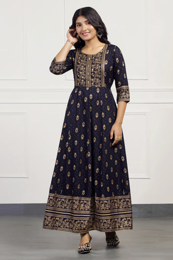 Womens Dark Blue Cotton Floral Printed Anarkali Maxi Length Kurta