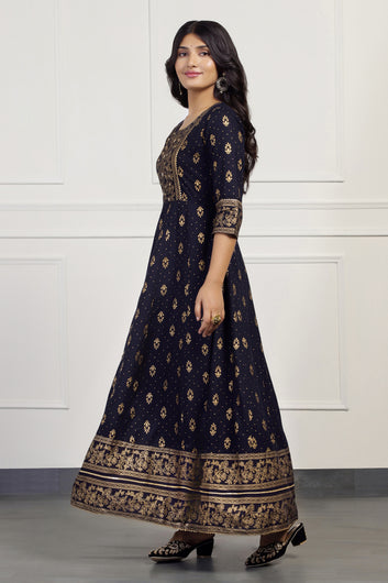 Womens Dark Blue Cotton Floral Printed Anarkali Maxi Length Kurta