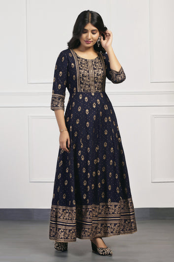 Womens Dark Blue Cotton Floral Printed Anarkali Maxi Length Kurta