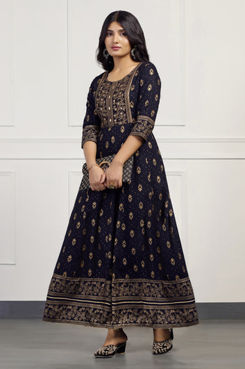 Womens Dark Blue Cotton Floral Printed Anarkali Maxi Length Kurta